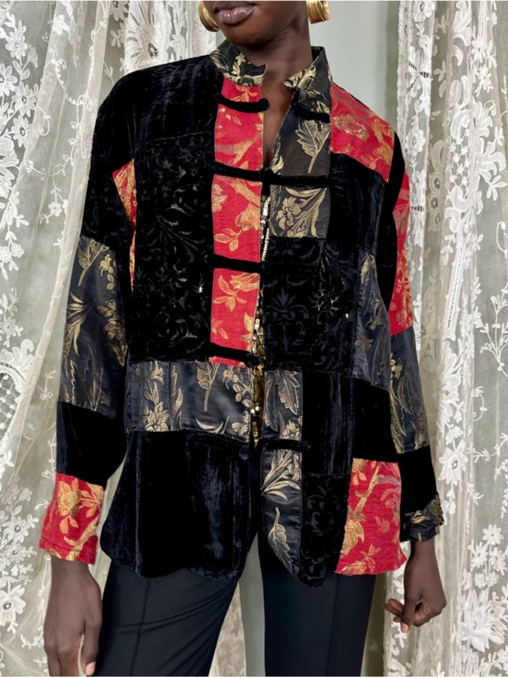 VTG ASIAN VELVET RED Silk Patchwork Burnout Blazer Jacket Artsy Maximalist Sz S
